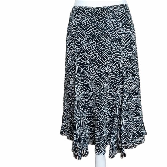 Studio M 100% silk skirt blue black cream geometric design flutter hem size M - Picture 2 of 7